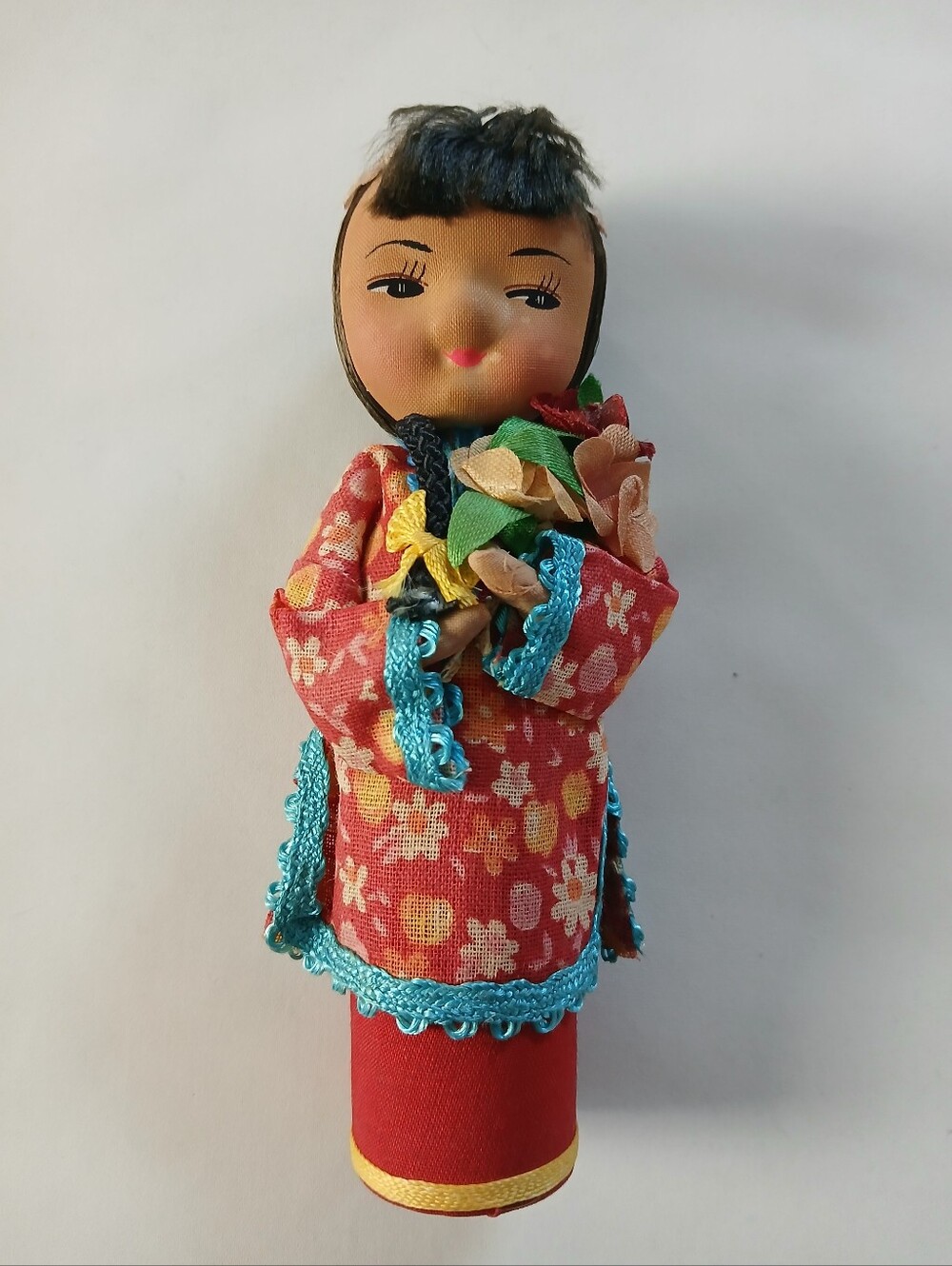 Vintage Handmade Asian Peg Folk Art Doll Holding Flowers